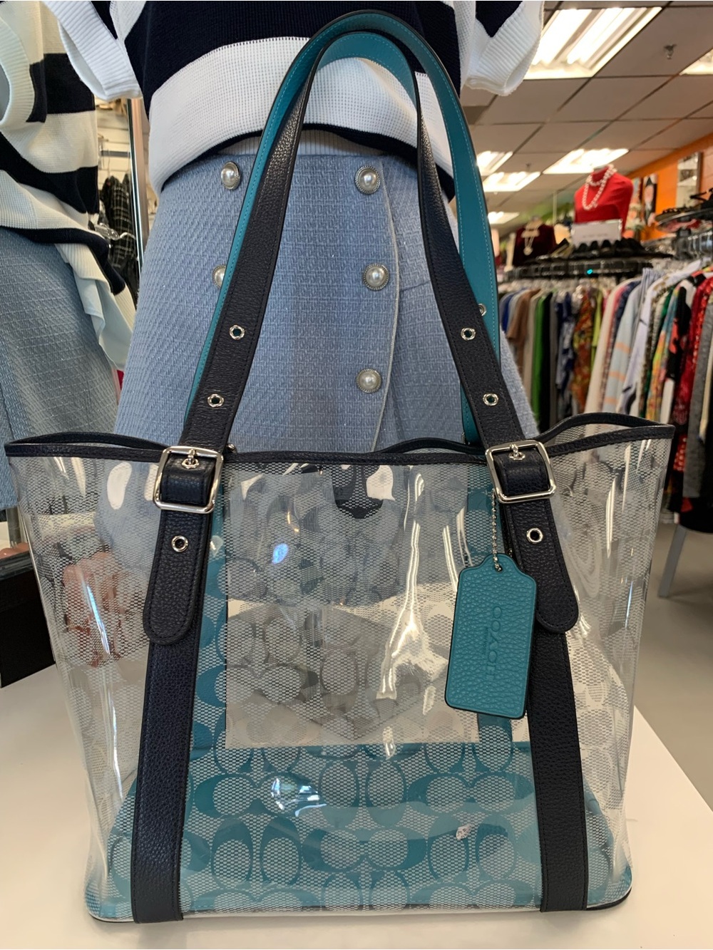 Coach Clear Tote with Teal Signature Pouch and Black Trim